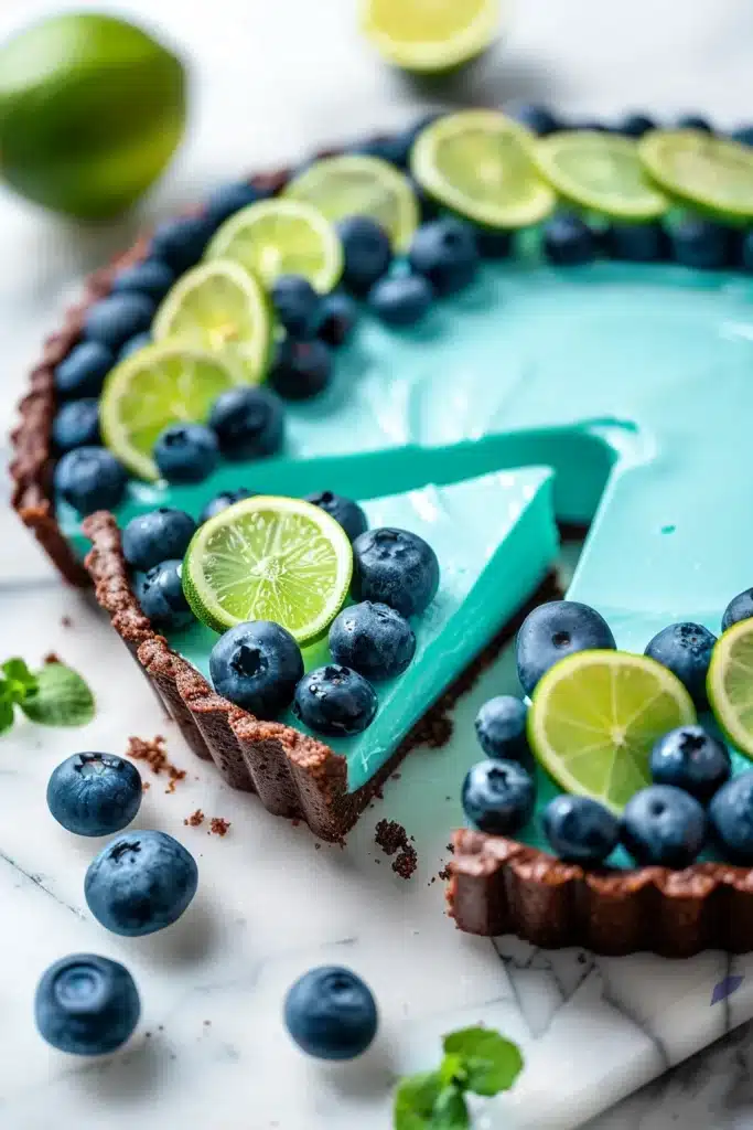 Real medium shot of blue lime tart in actual tart pan showing natural layer separation with authentic kitchen lighting and genuine food preparation setting