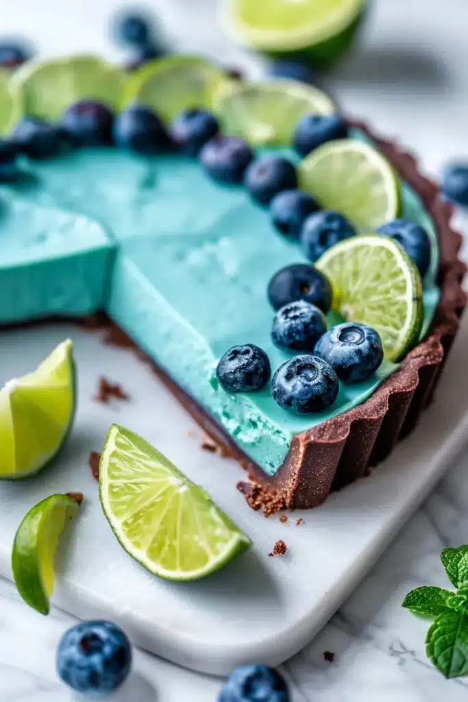Genuine wide shot of complete blue lime tart with realistic garnish placement, natural lighting, and authentic home kitchen presentation