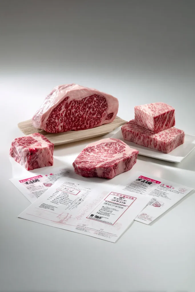Complete budget Wagyu shopping setup with multiple cuts, certificates, price guides, and documentation spread