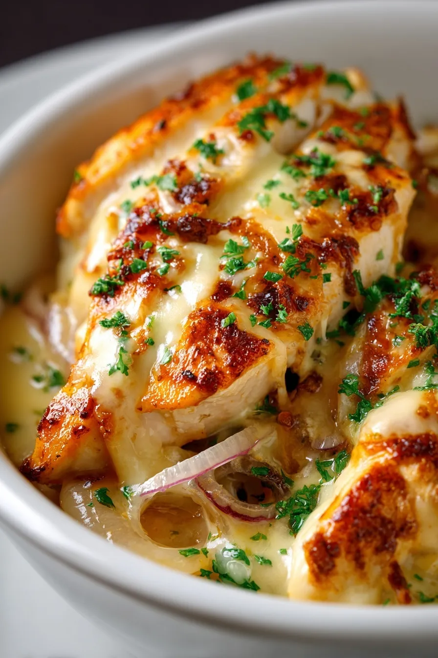 French Onion Chicken Orzo Casserole