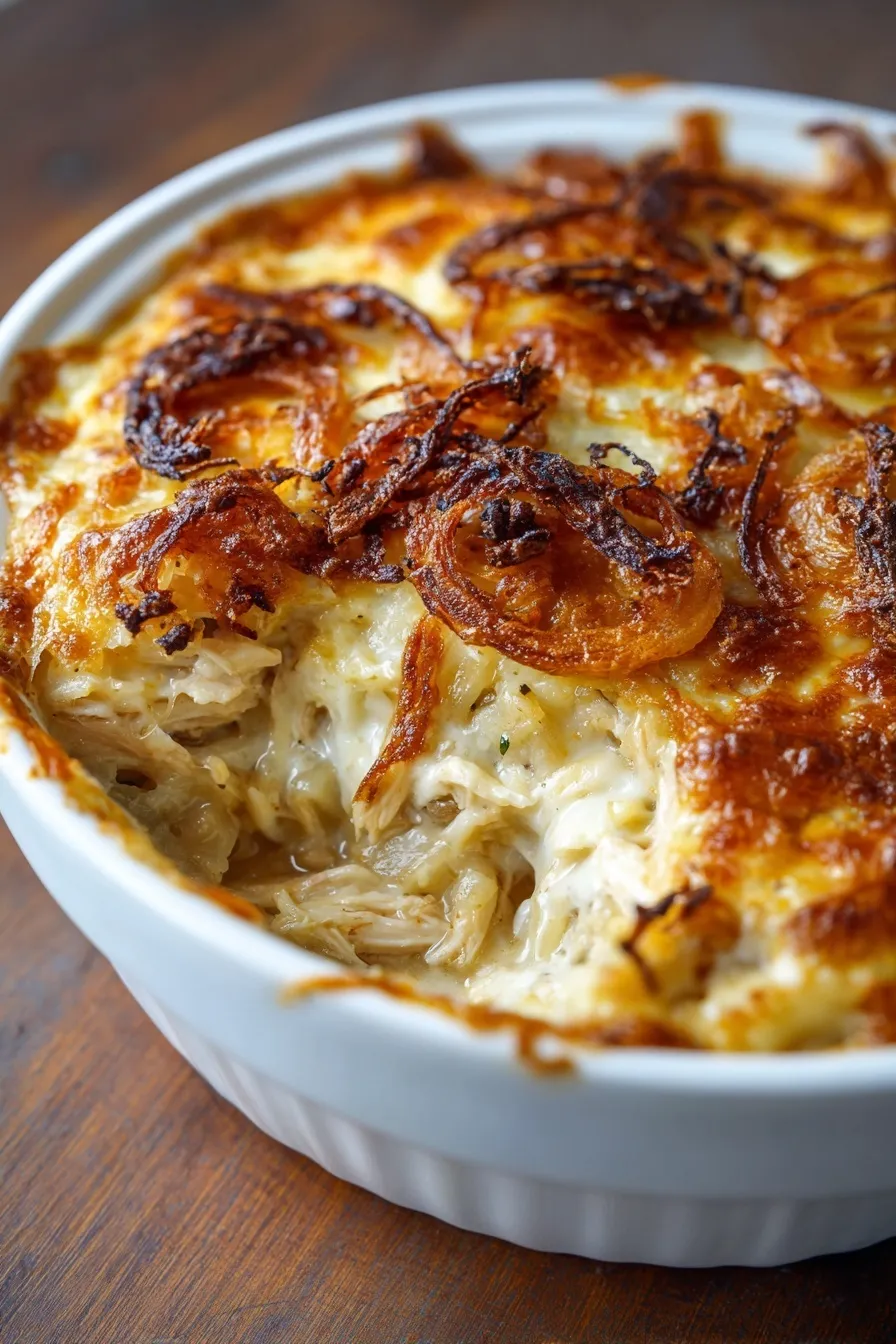 French Onion Chicken Orzo Casserole