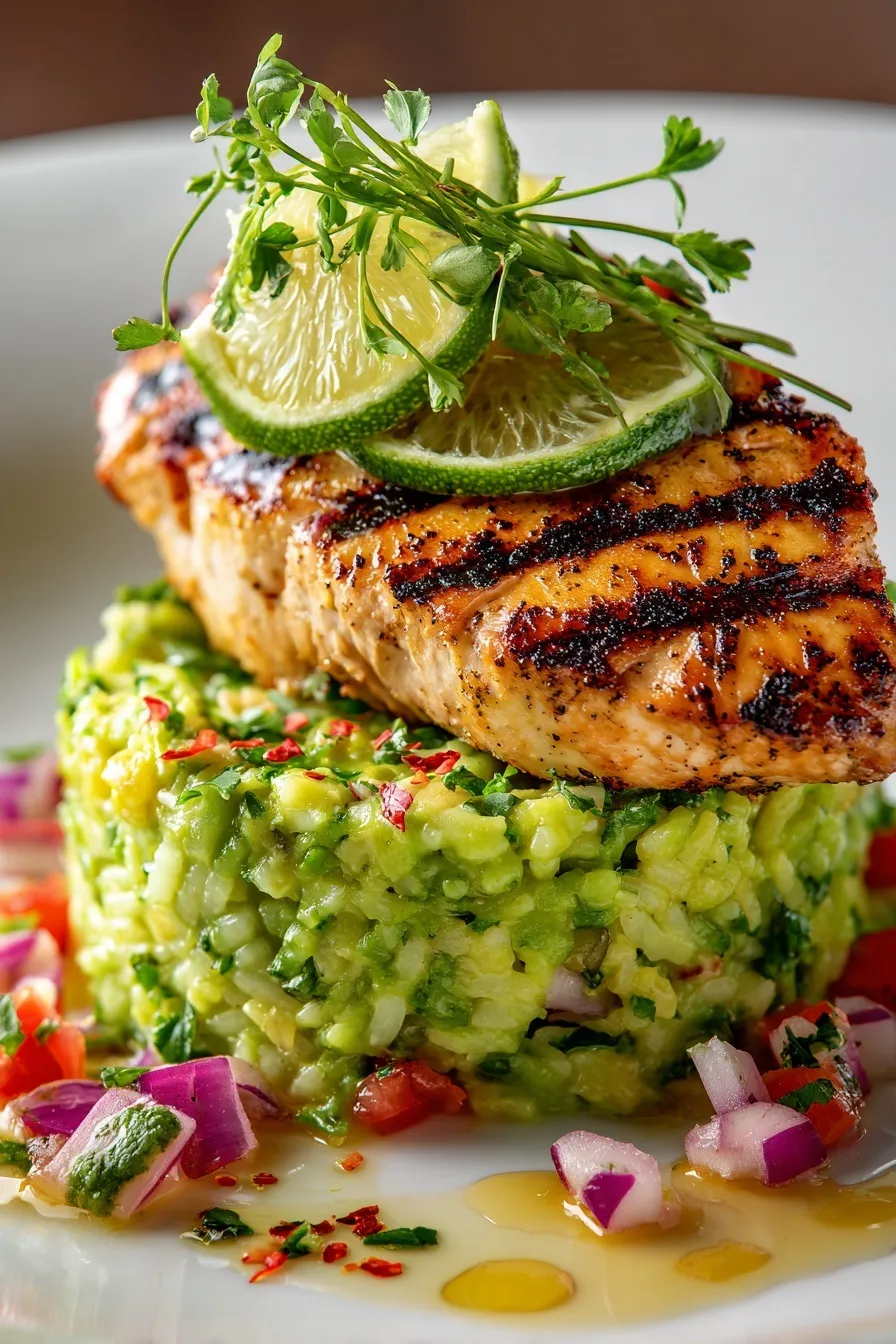 Honey lime chicken avocado rice stack