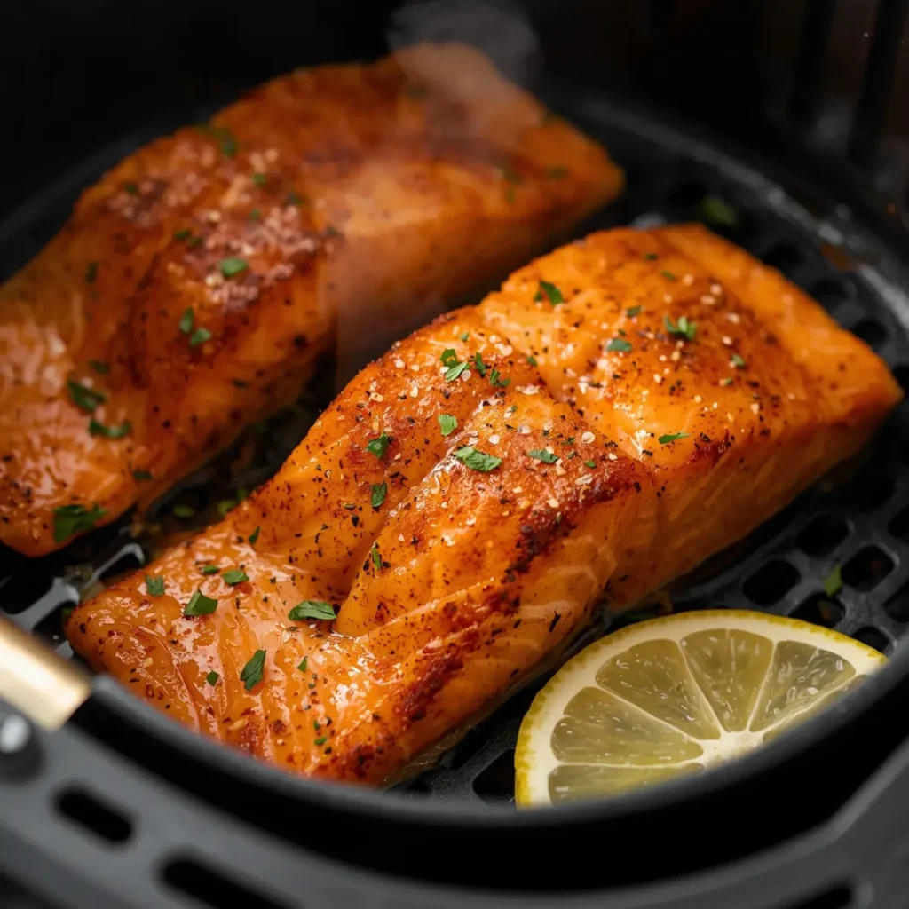 Preparing air fryer salmon: seasoned fillets in a basket, then cooking.
