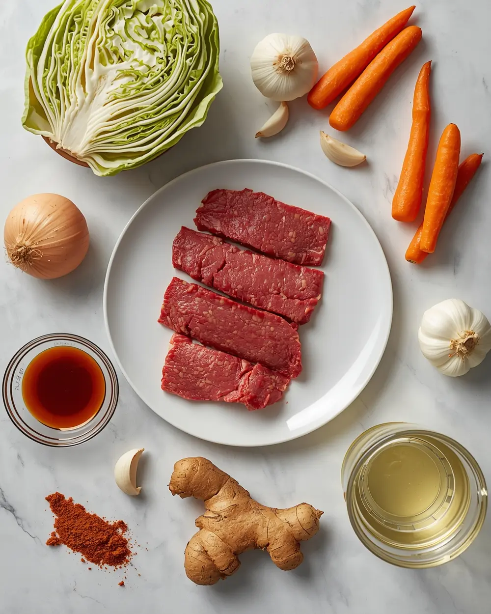 Ingredients for cabbage and beef skillet