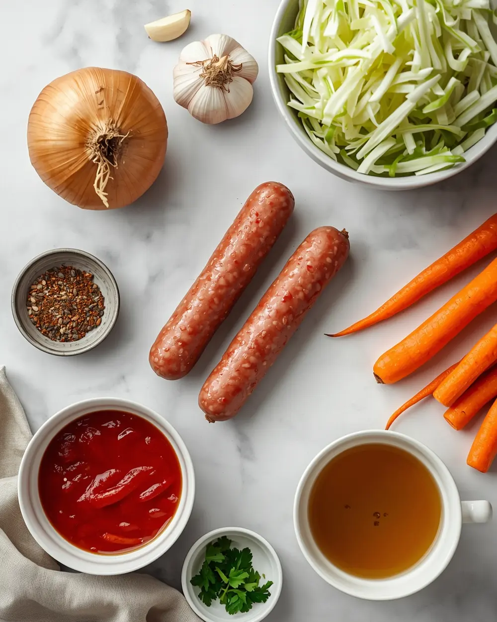 Ingredients for cabbage and sausage