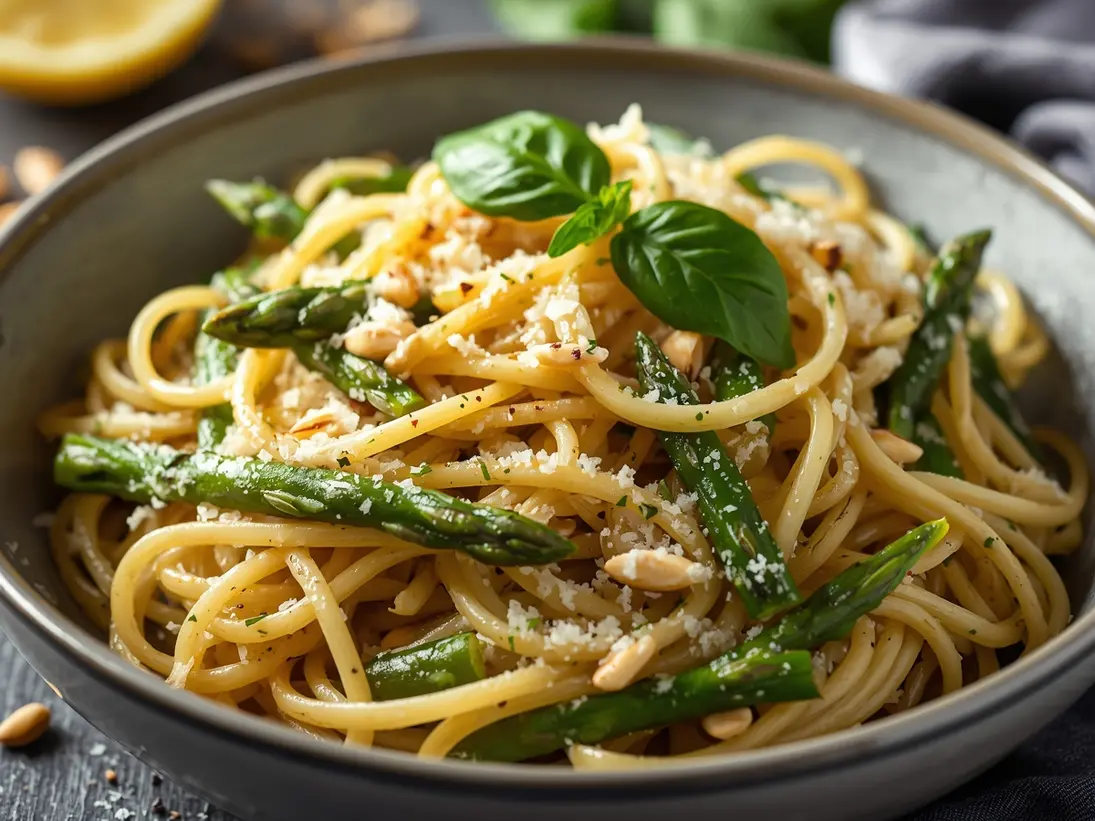lemon asparagus pasta ready to serve