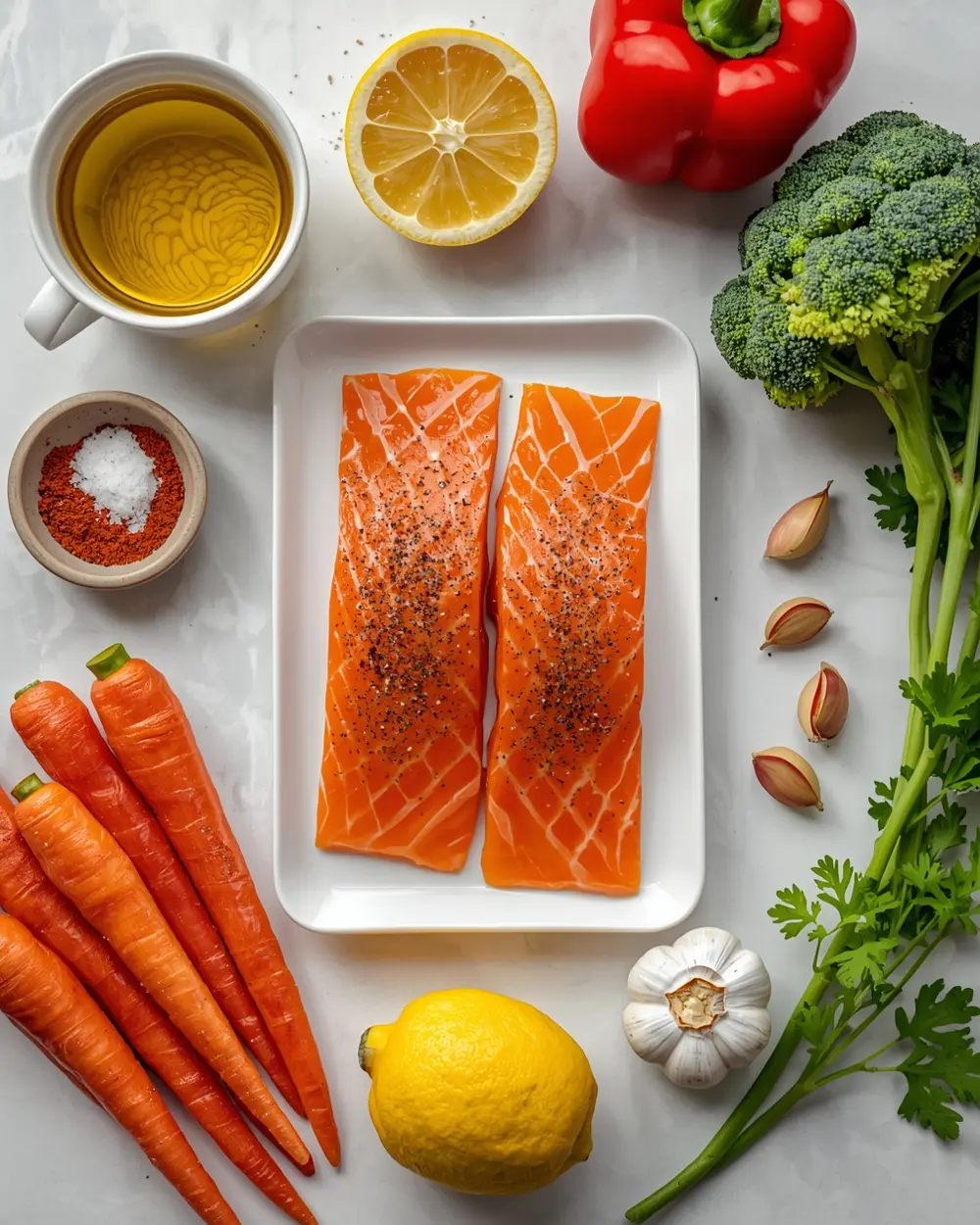 Ingredients for sheet pan salmon veggies