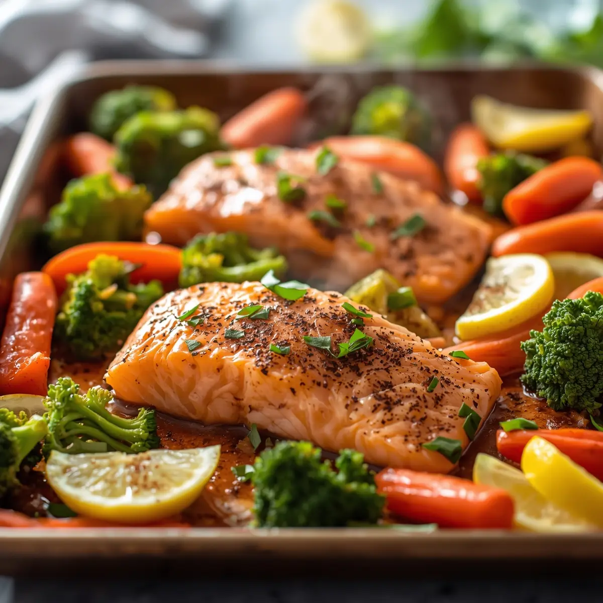 Cooking instructions for sheet pan salmon veggies