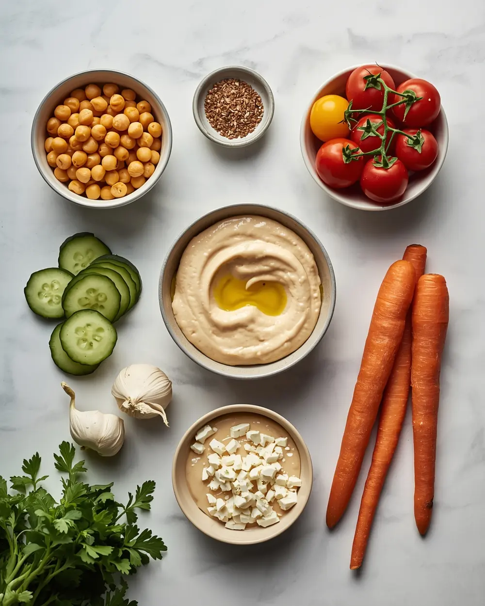 Ingredients for spring hummus bowl