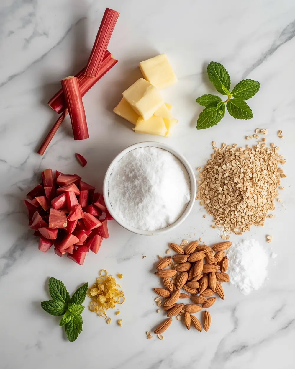Ingredients for spring rhubarb crumble