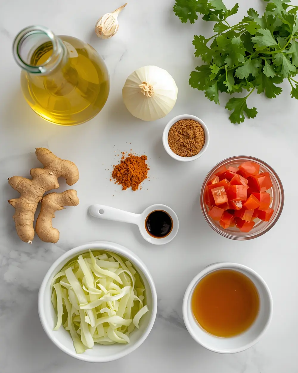 Ingredients for cabbage and chickpea curry