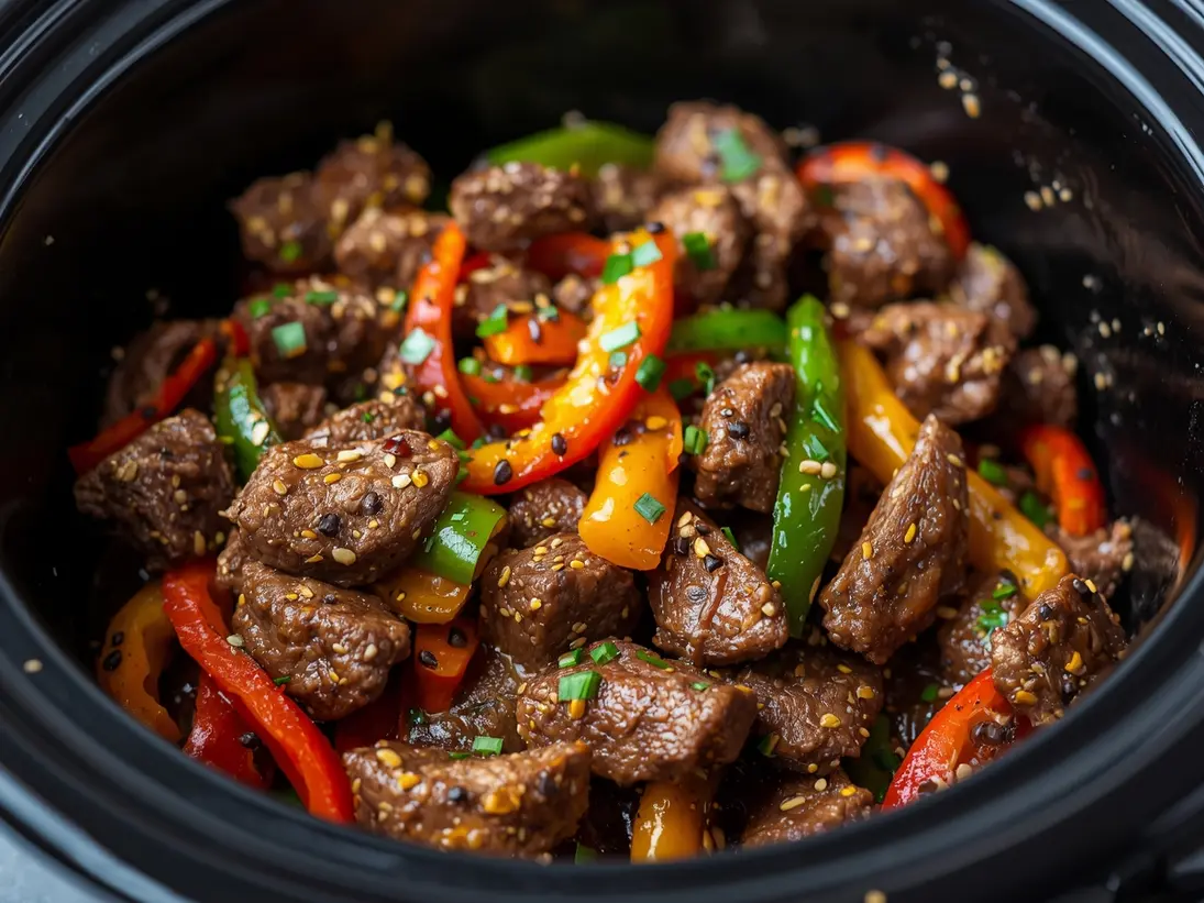 crockpot pepper steak ready to serve