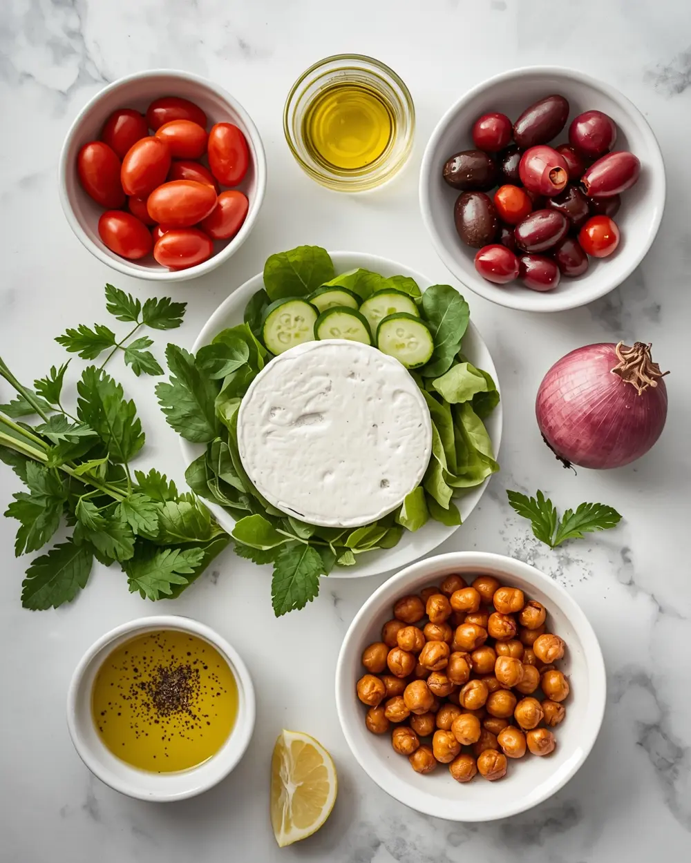 Ingredients for grilled halloumi salad