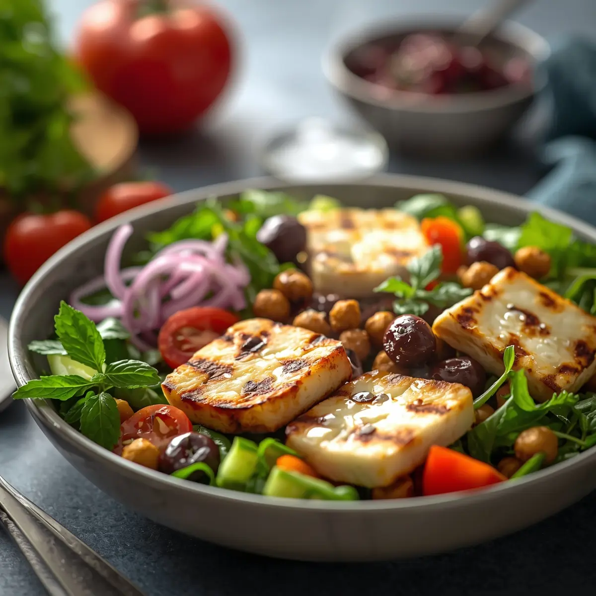 Cooking instructions for grilled halloumi salad