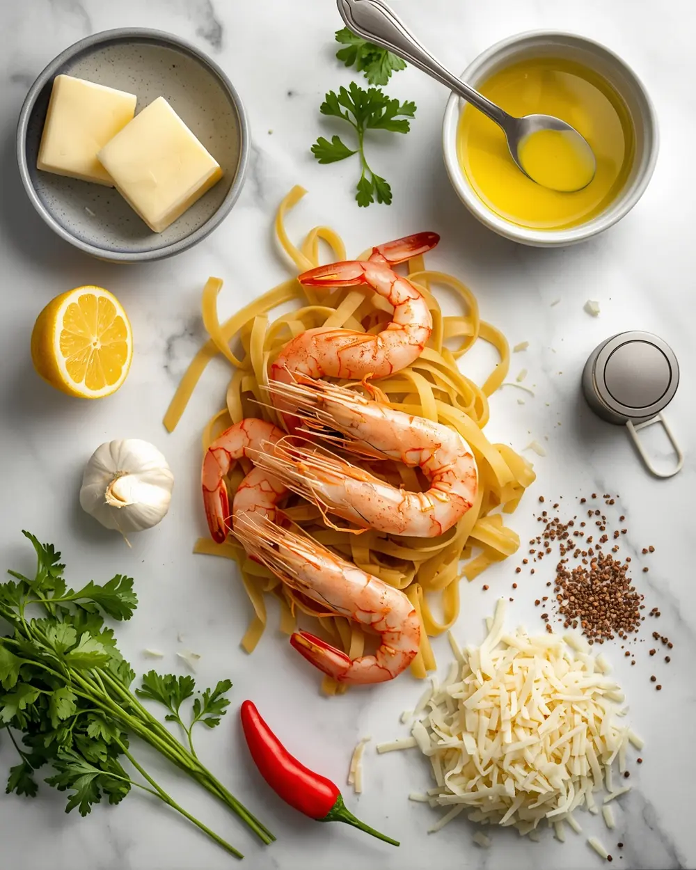 Ingredients for lemon butter shrimp pasta