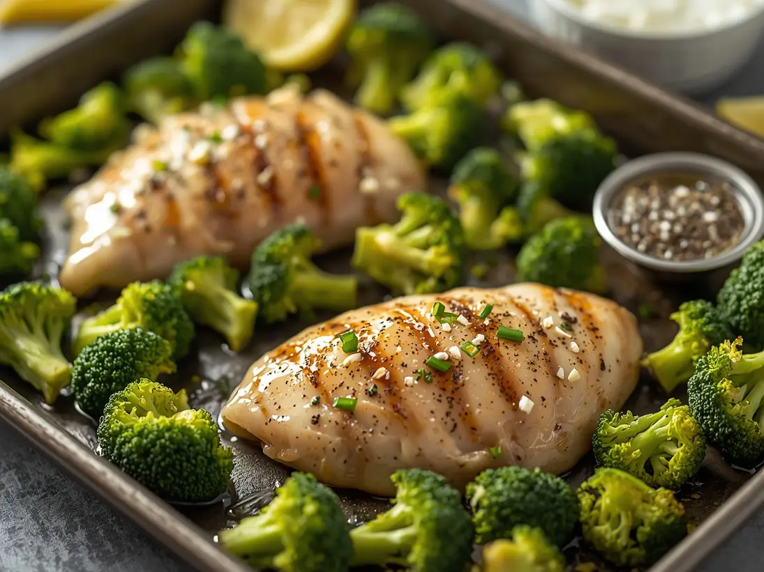 sheet pan chicken and broccoli ready to serve