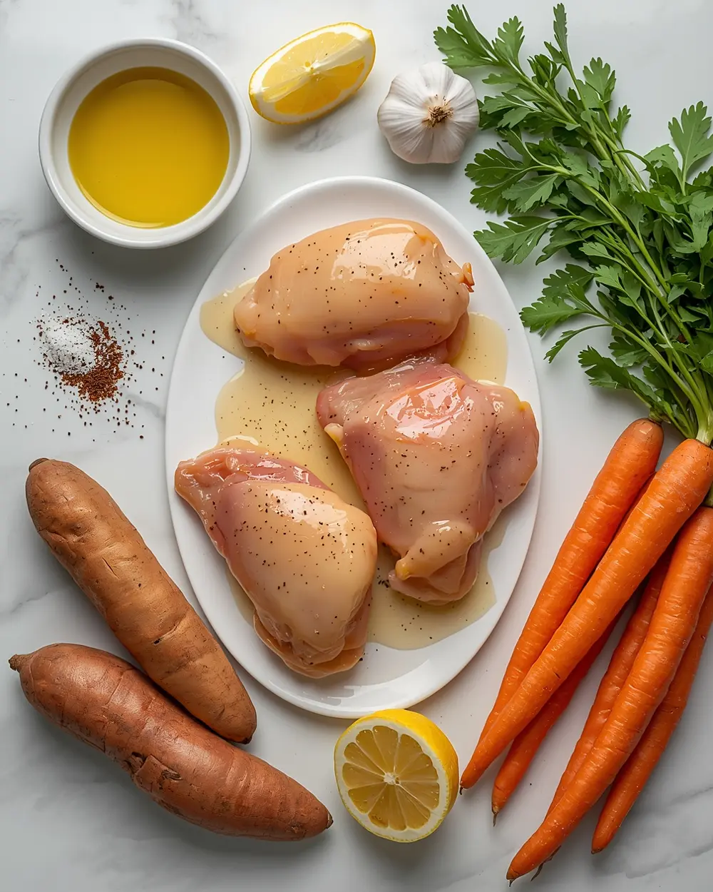 Ingredients for sheet pan chicken and sweet potatoes
