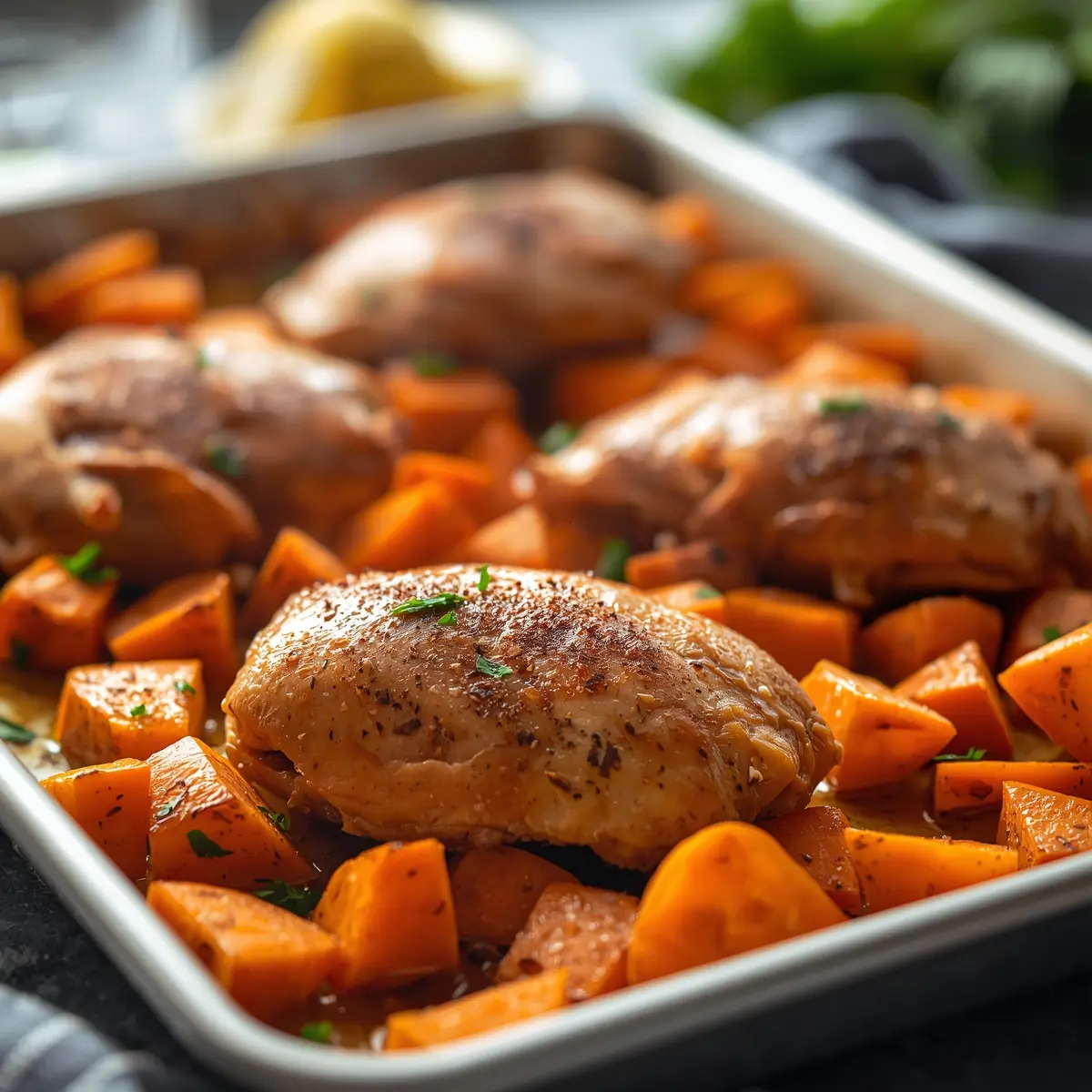 Cooking instructions for sheet pan chicken and sweet potatoes