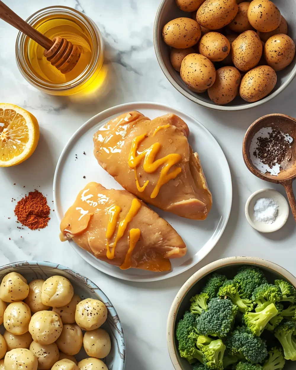 Ingredients for sheet pan honey mustard chicken