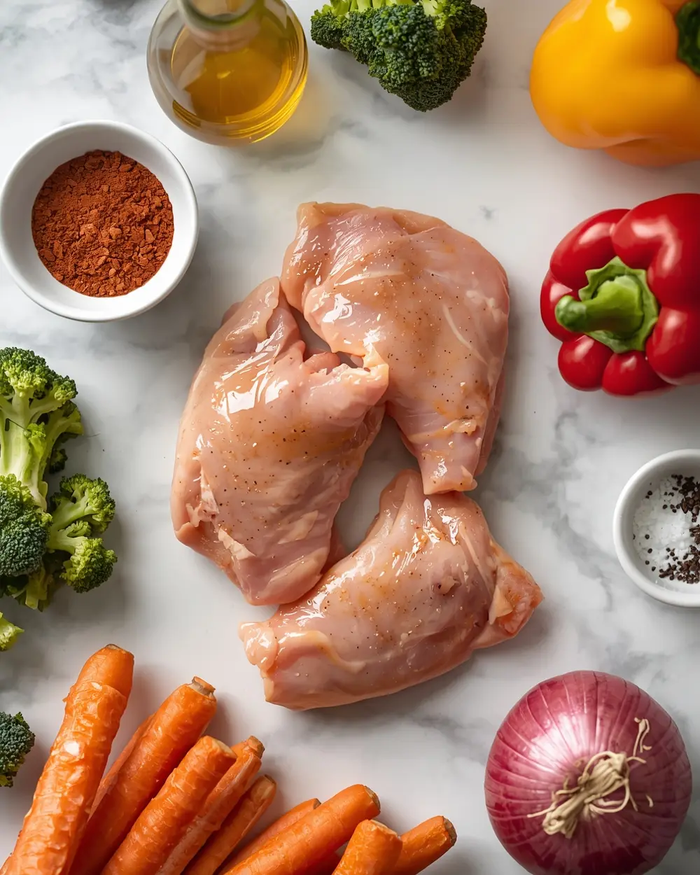 Ingredients for sheet pan pork chops and veggies