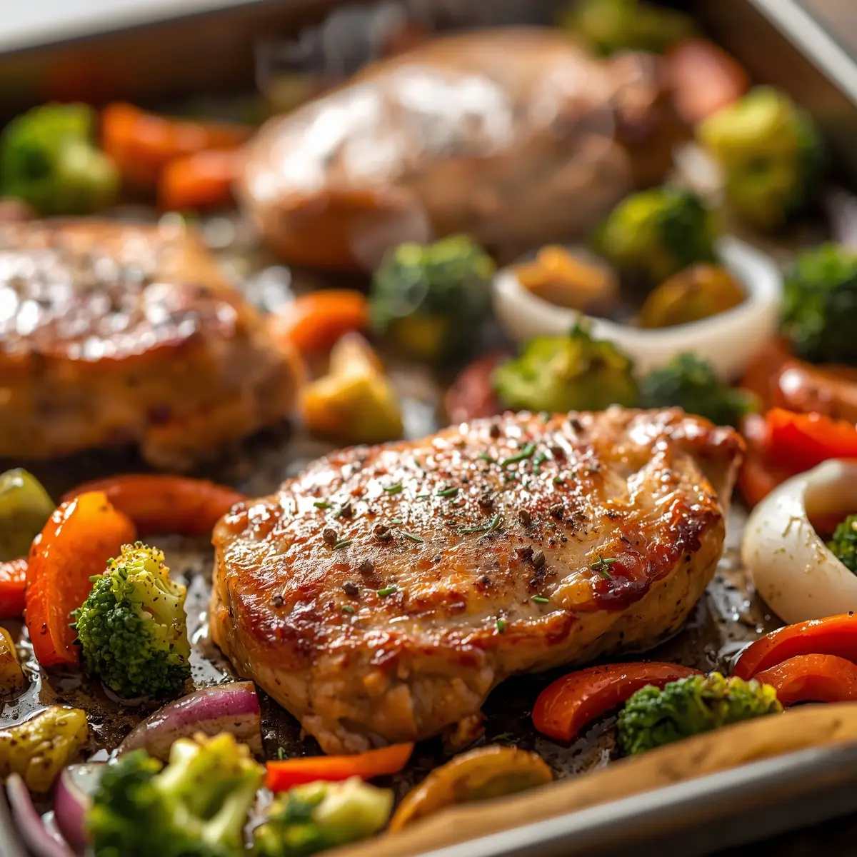 Cooking instructions for sheet pan pork chops and veggies