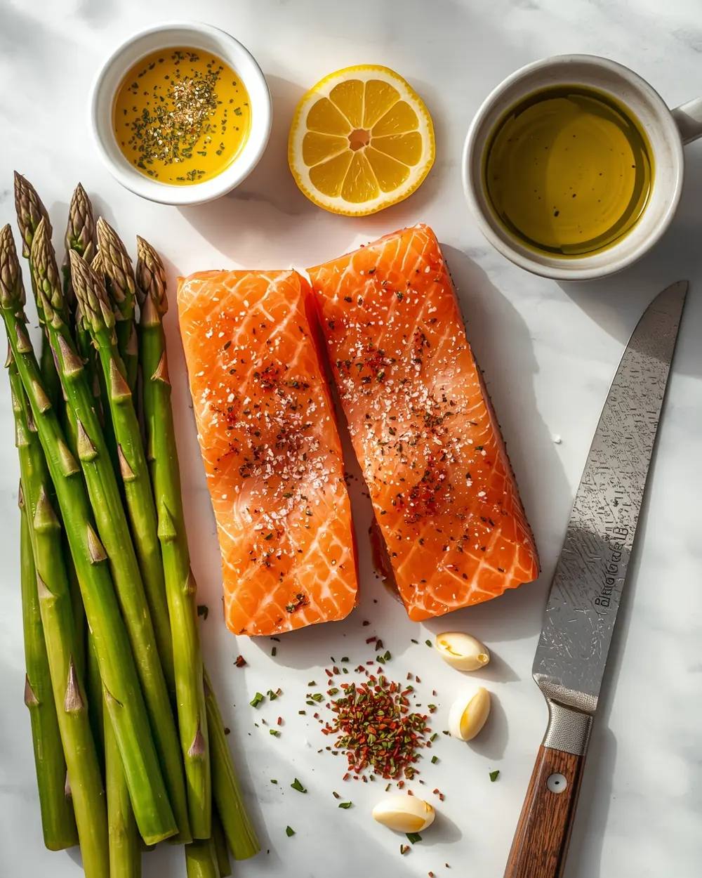 Ingredients for sheet pan salmon and asparagus