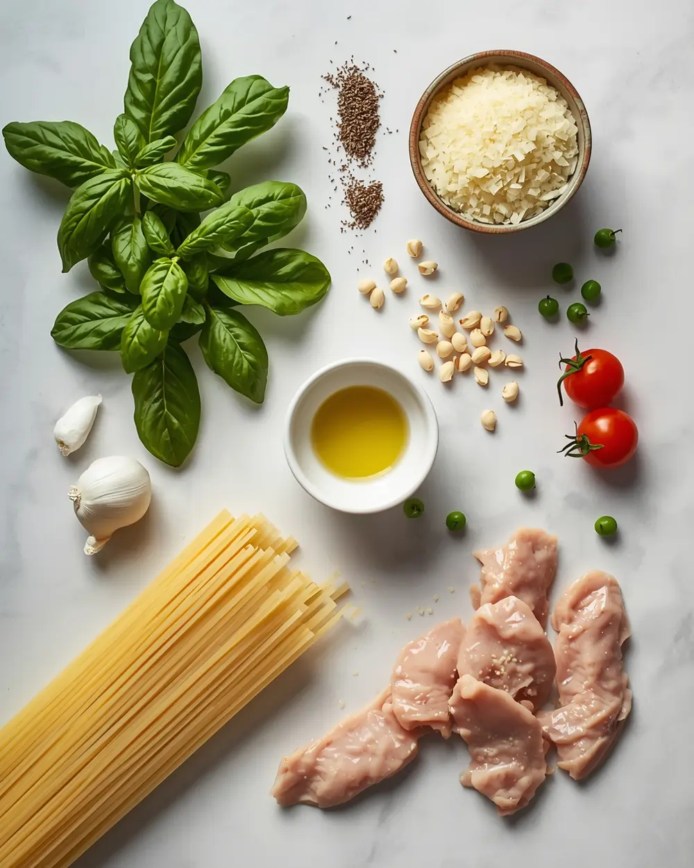 Ingredients for spring pesto pasta