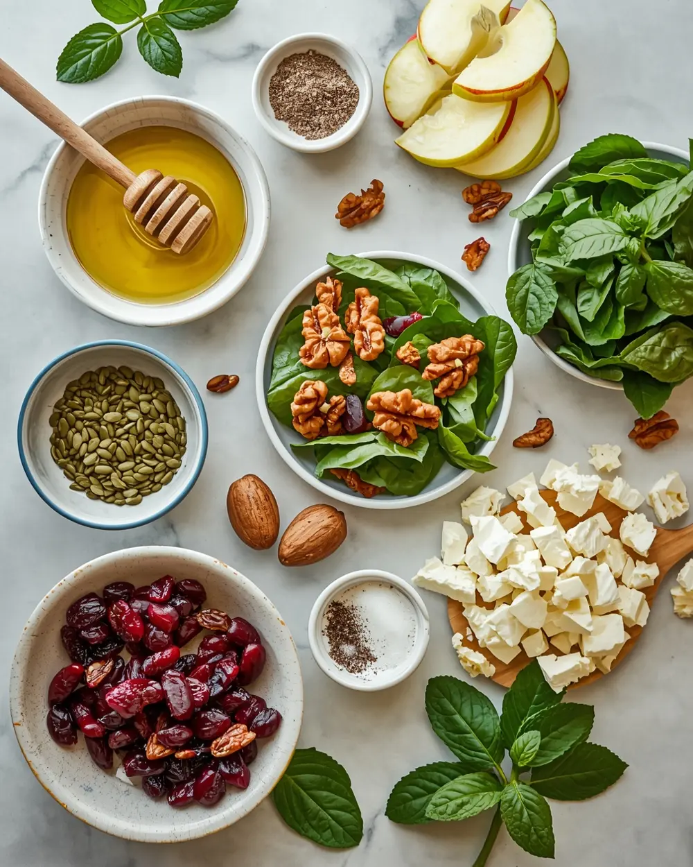 Ingredients for spring walnut salad