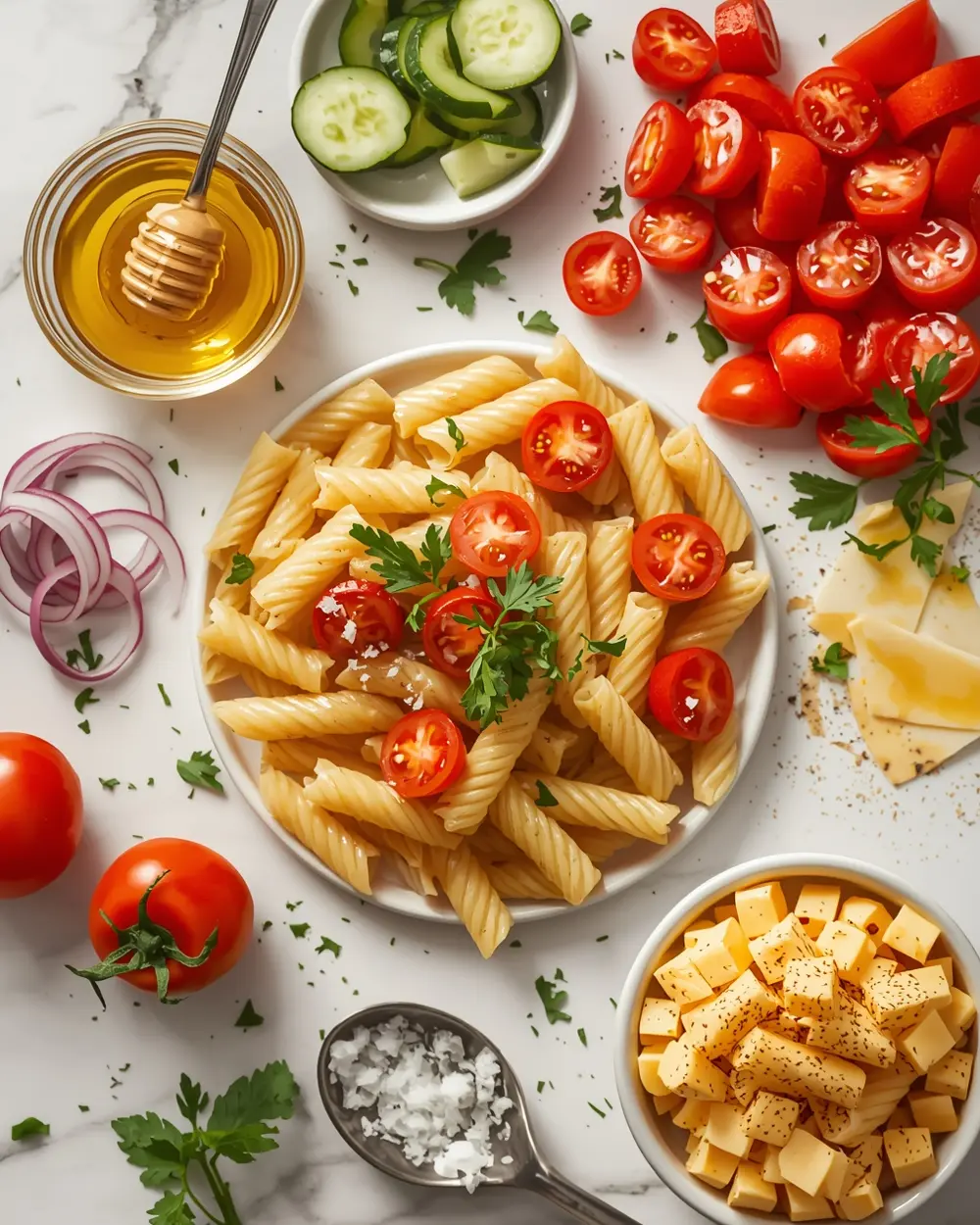 Ingredients for 4th of July pasta salad