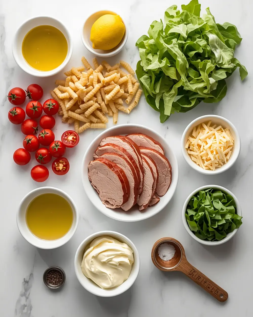 Ingredients for BLT pasta salad summer