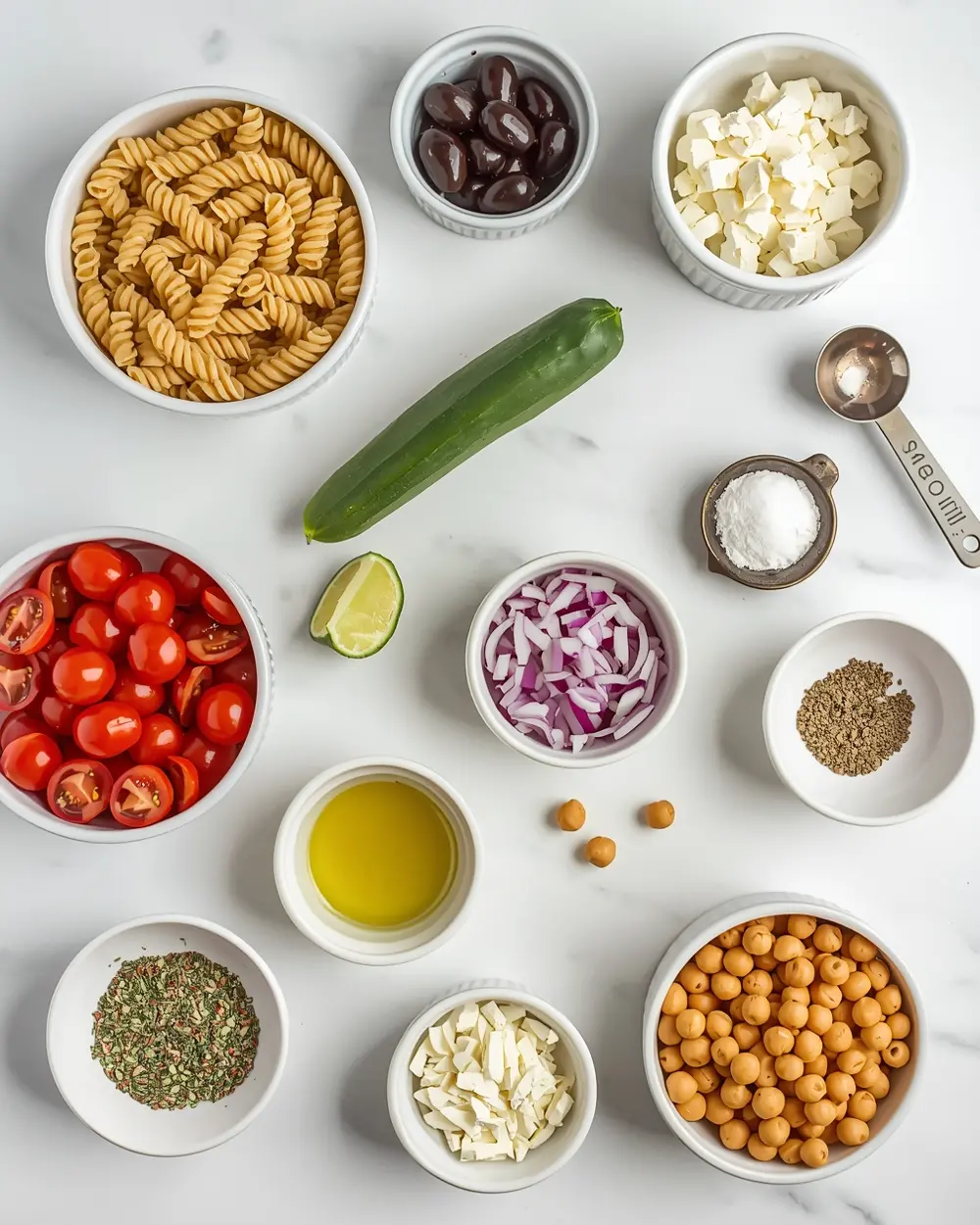 Ingredients for Greek pasta salad summer