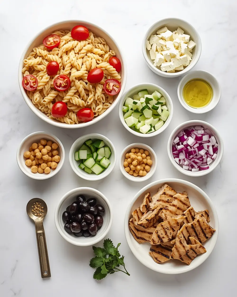 Ingredients for Mediterranean orzo salad