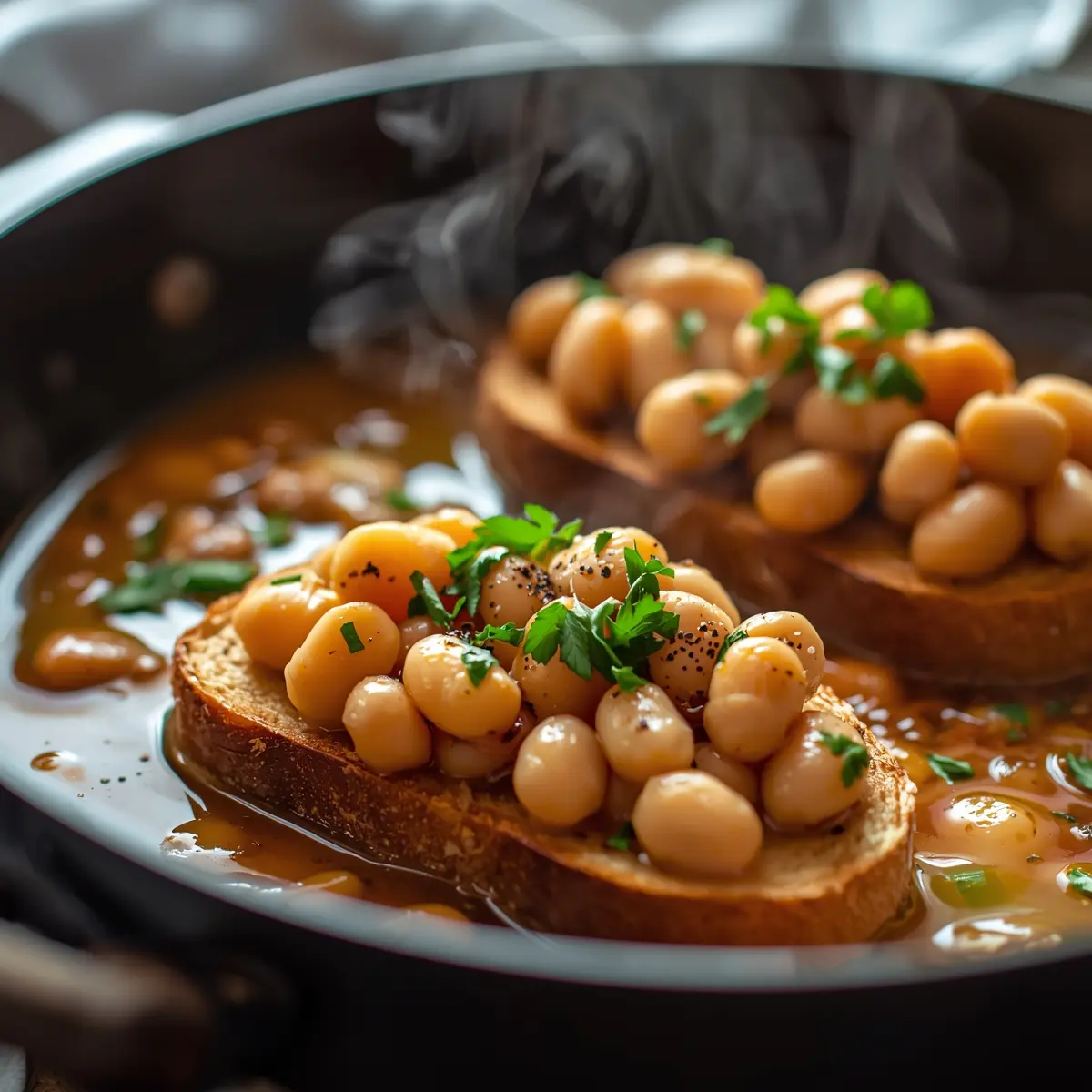 Cooking instructions for brothy white beans toast