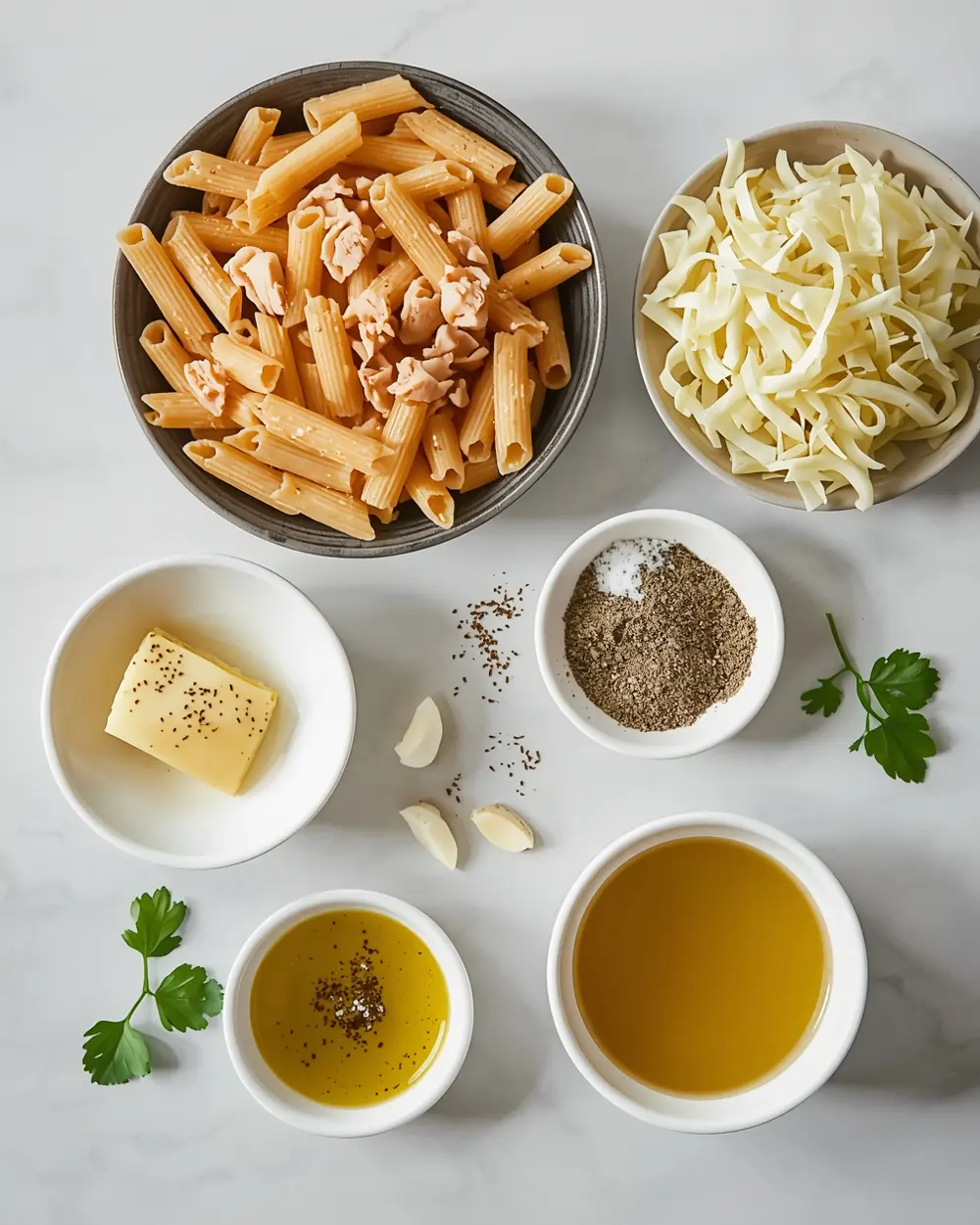 Ingredients for cabbage Alfredo pasta