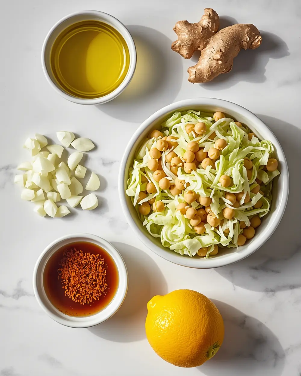 Ingredients for cabbage and chickpea stir fry