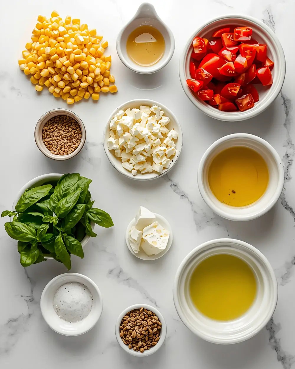 Ingredients for corn tomato basil salad