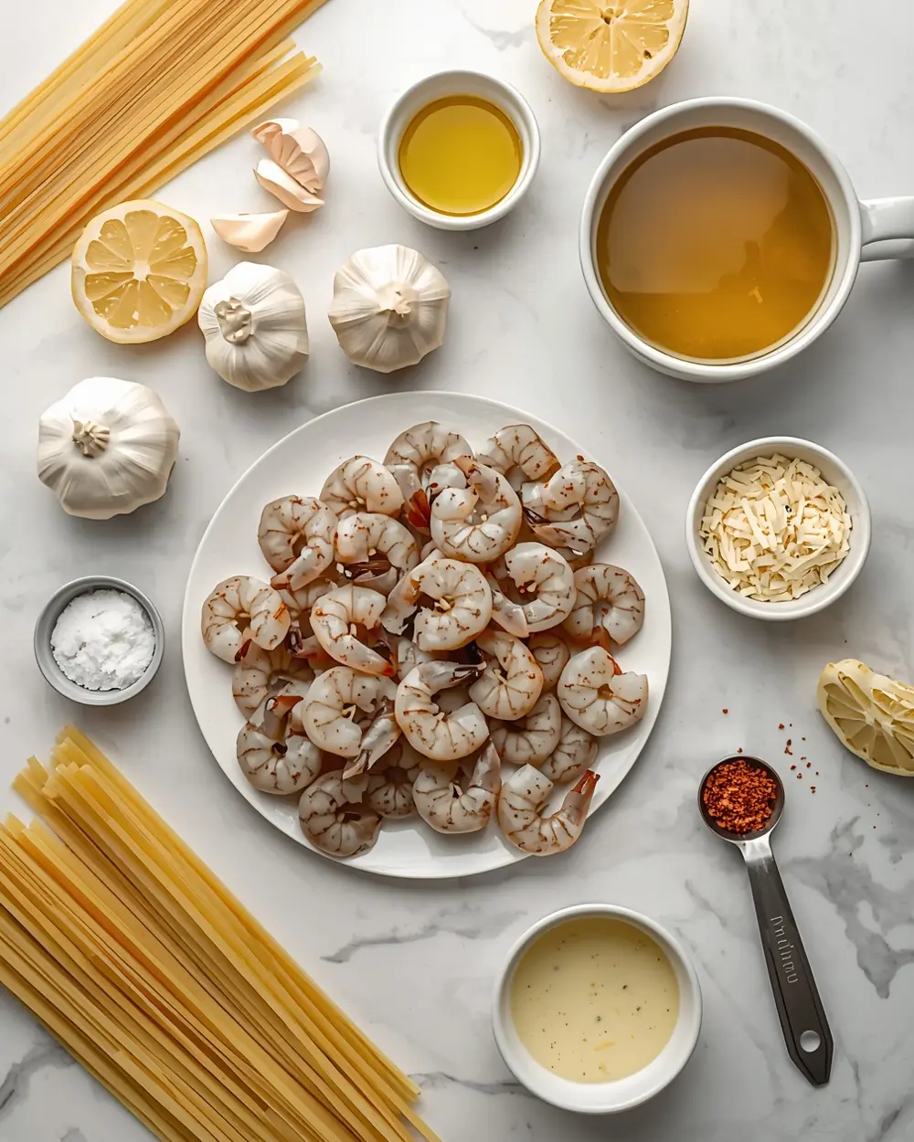 Ingredients for creamy garlic shrimp pasta
