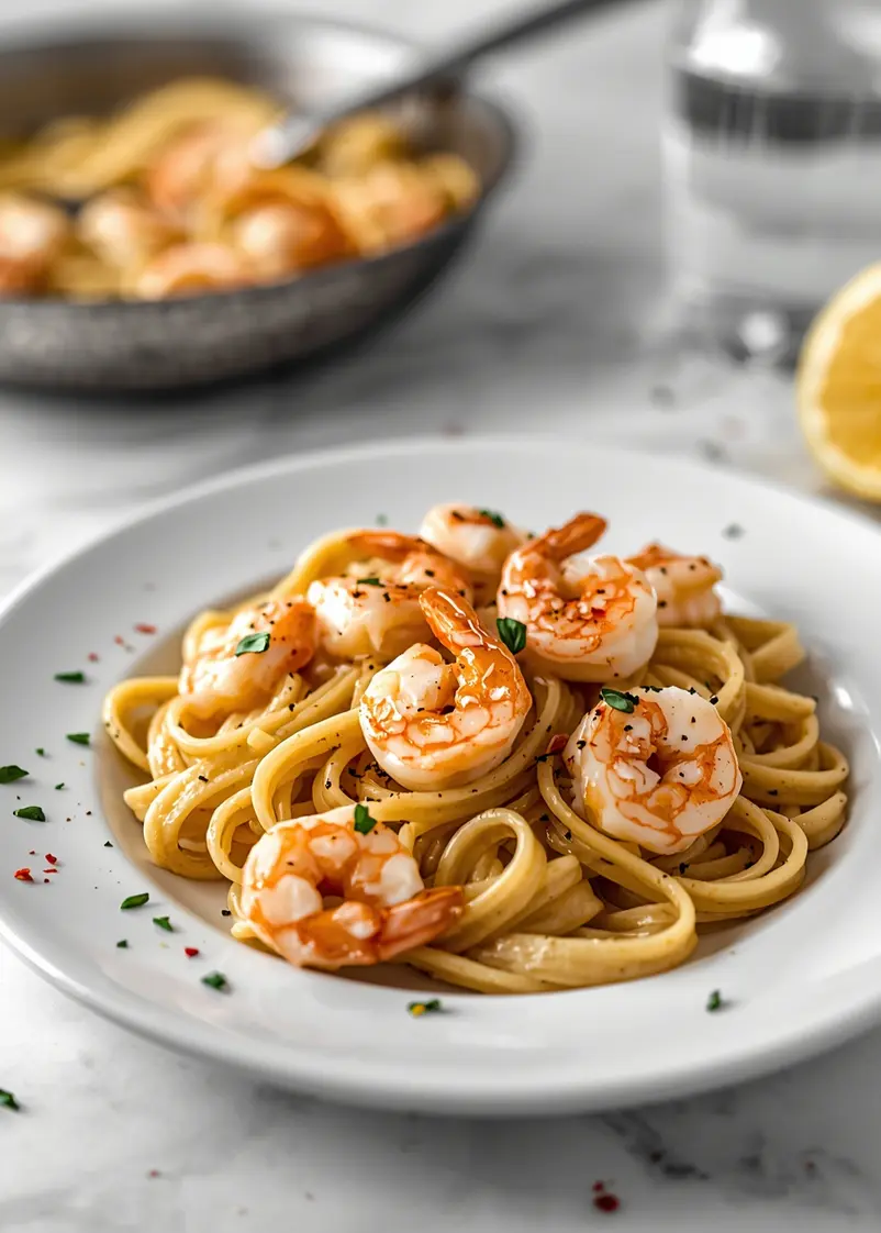 creamy garlic shrimp pasta ready to serve