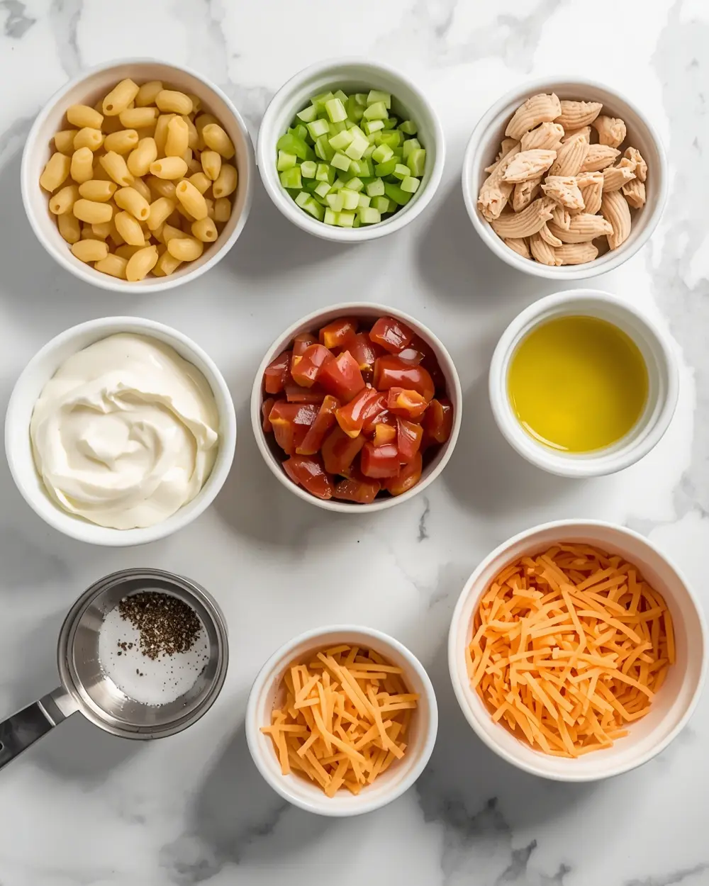 Ingredients for creamy macaroni salad summer