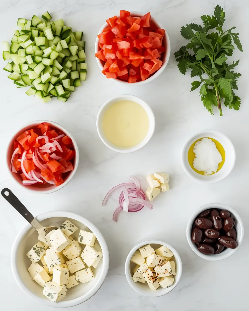 Ingredients for fresh cucumber tomato salad