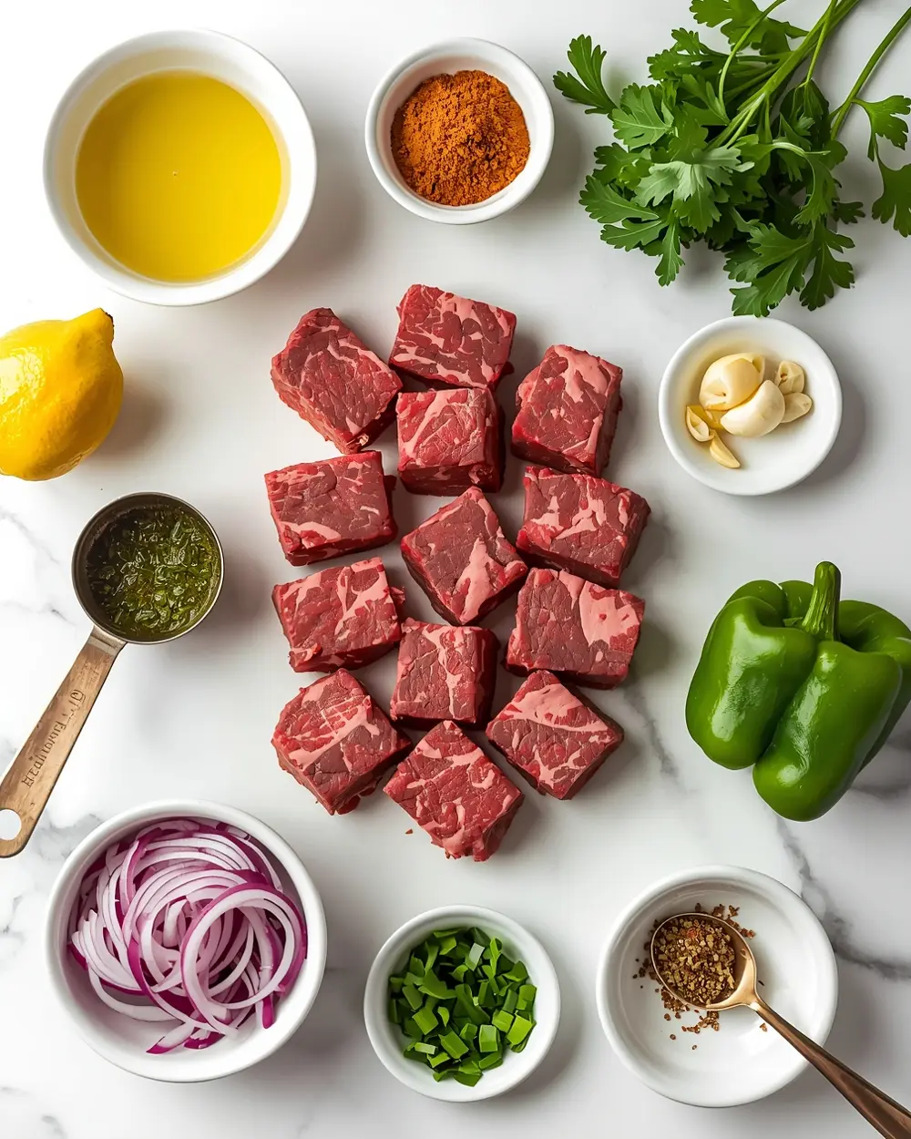 Ingredients for grilled beef skewers chimichurri