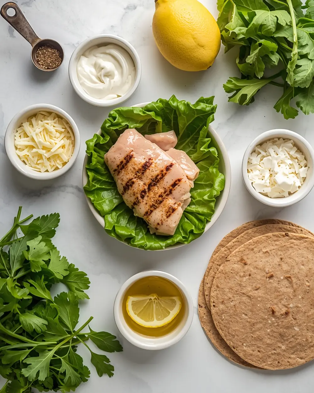 Ingredients for grilled chicken Caesar wrap