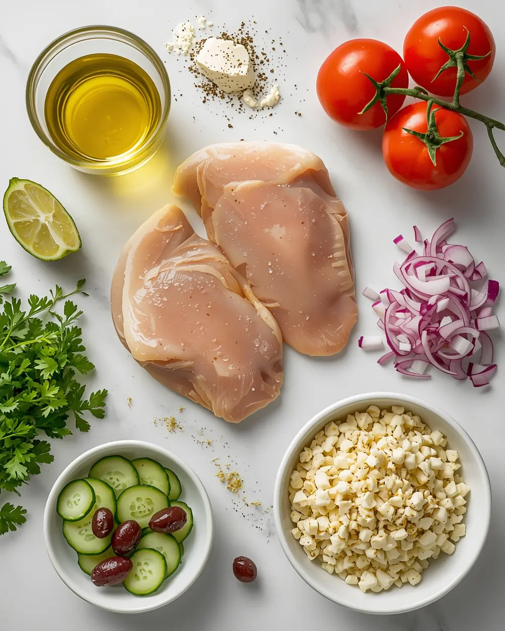 Ingredients for grilled chicken Greek bowl
