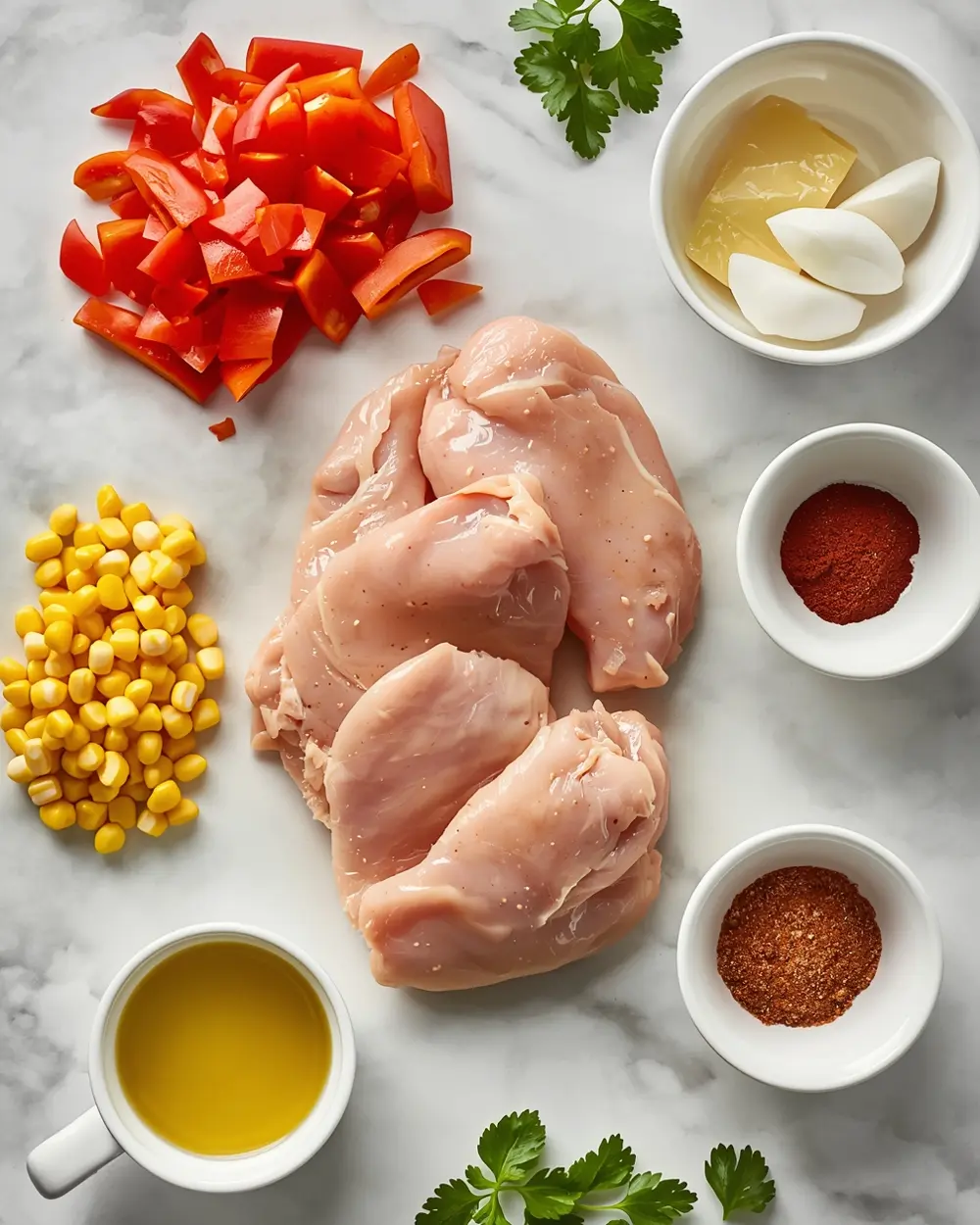 Ingredients for grilled chicken and corn skillet