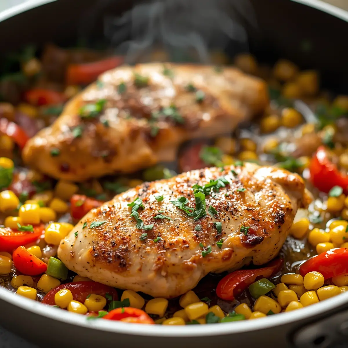 Cooking instructions for grilled chicken and corn skillet