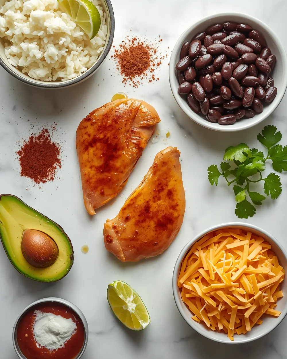 Ingredients for grilled chicken burrito bowl