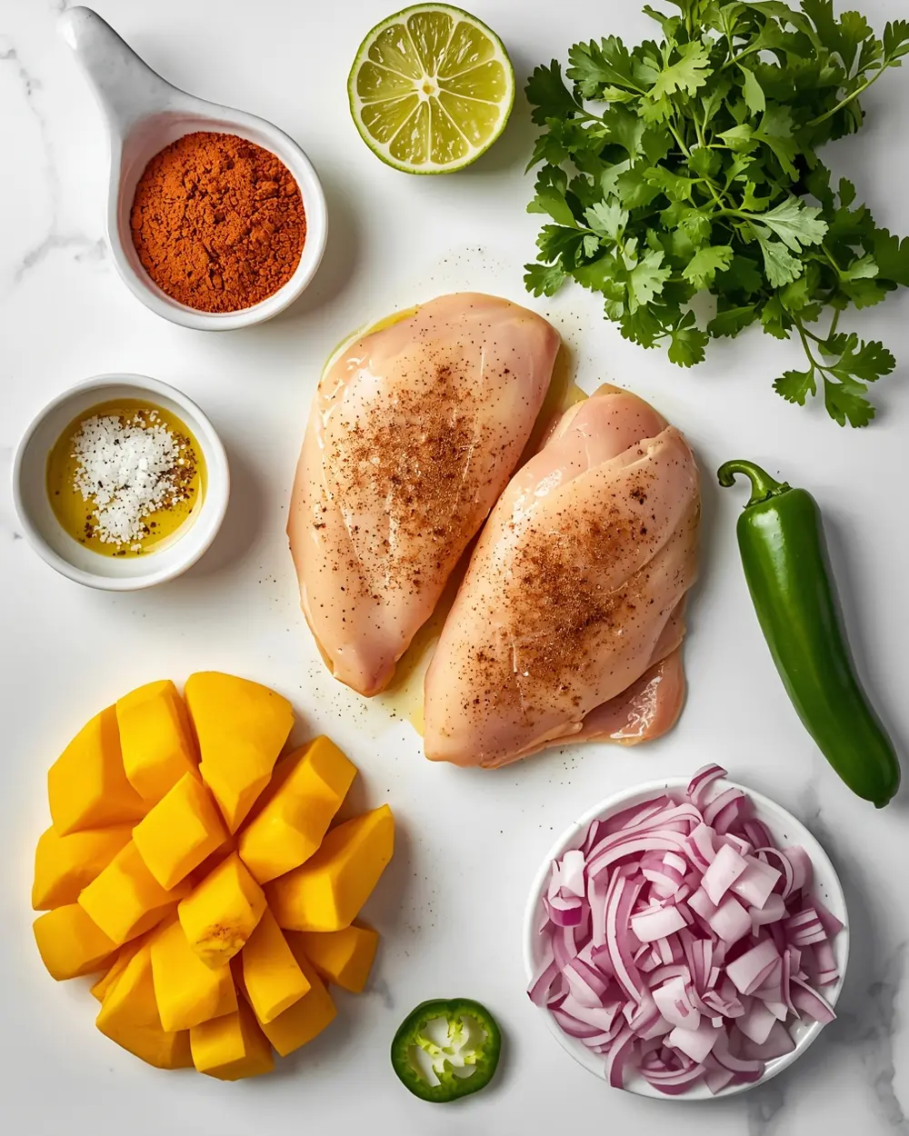 Ingredients for grilled chicken mango salsa