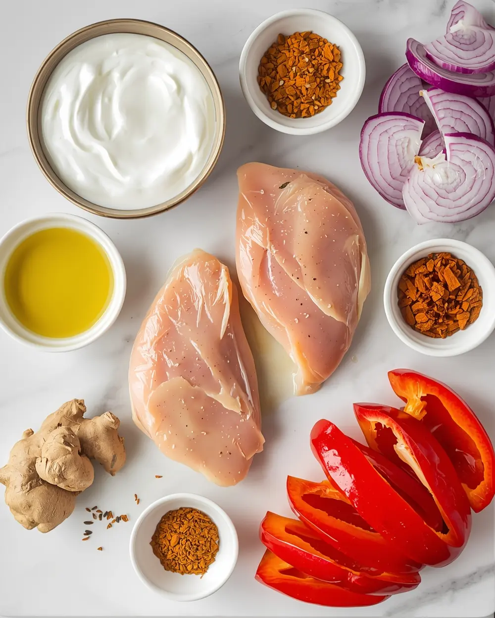 Ingredients for grilled chicken tikka skewers