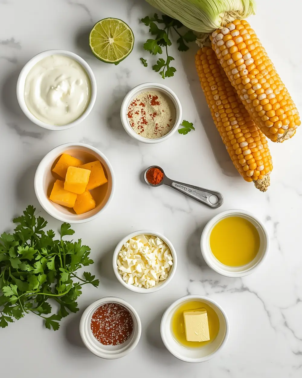 Ingredients for grilled corn elotes Mexican