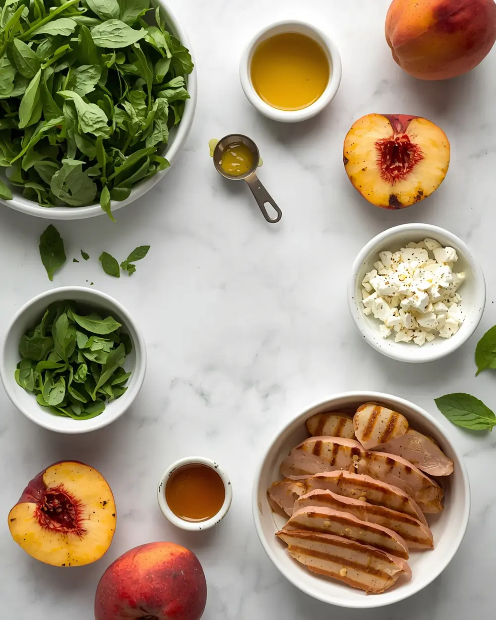 Ingredients for grilled peach arugula salad